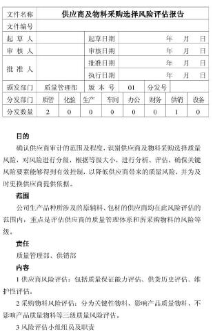 某药材公司供应商及物料采购选择风险评估报告